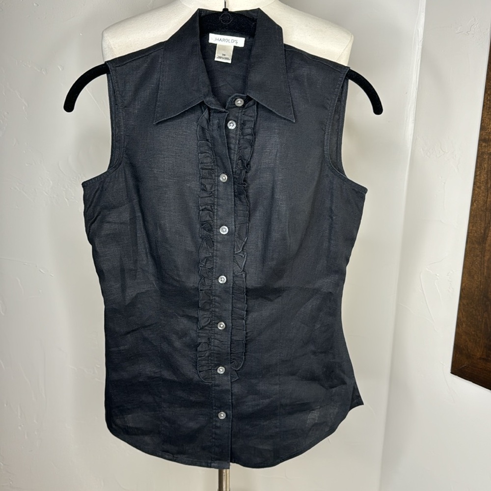 Harold’s Linen Button Up Sleeveless Ruffle Detail Top